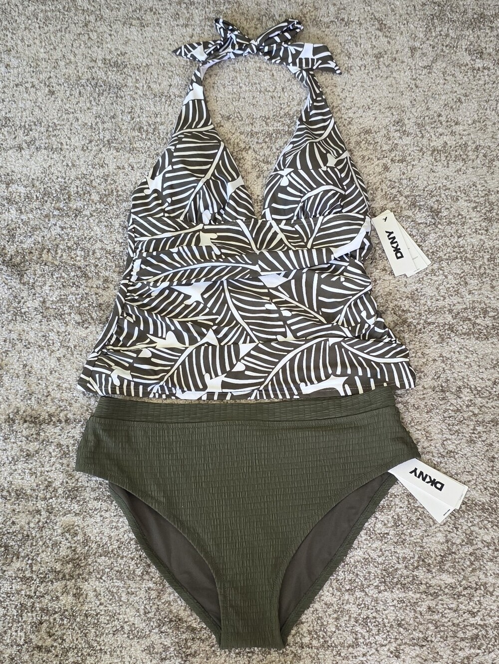 NWT DKNY UPF 40+ Tummy Control Olive Green Ruched Tankini Top Sz L Bottoms Sz XL